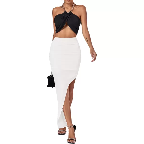 LYANER Women's Ruched High Wasit Stretchy Split Slit Hem Bodycon Maxi Long Skirt