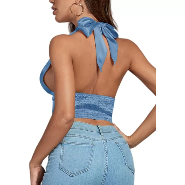 LYANER Women's Satin Halter Tie Backless Wrap Cut Out Cami Shirred Crop Top