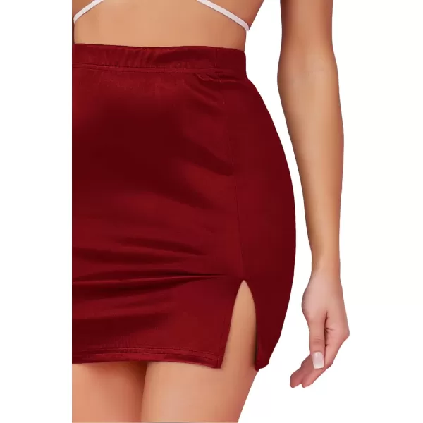 LYANER Women's Satin Silky Elastic Wasit Split Slit Hem Bodycon Short Skirt