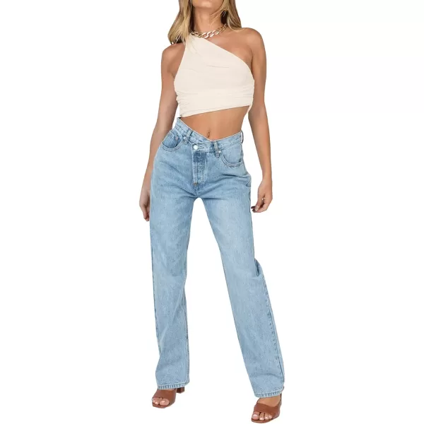 LYANER Women's Sexy Ruched One Shoulder Sleeveless Crop Top Strappy Cami Tank