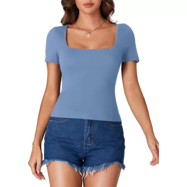 LYANER Women's Short Sleeve Square Neck Slim Fit Classic T Shirt Blouse Top Tee