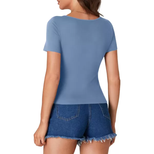 LYANER Women's Short Sleeve Square Neck Slim Fit Classic T Shirt Blouse Top Tee