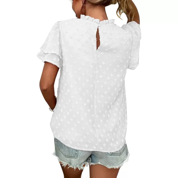 LYANER Women's Swiss Dots Frill Mock Neck Layer Short Sleeve Blouse Shirt Top