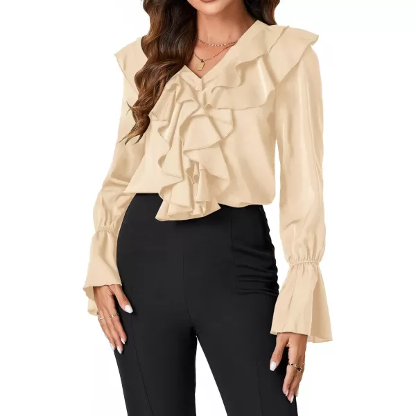 LYANER Women’s V Neck Ruffle Front Button Down Ruffle Long Sleeve Blouse Top Shirt
