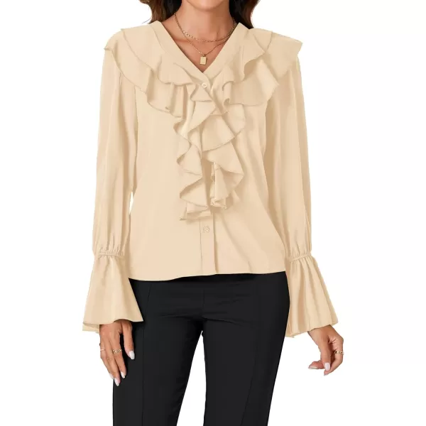 LYANER Women’s V Neck Ruffle Front Button Down Ruffle Long Sleeve Blouse Top Shirt