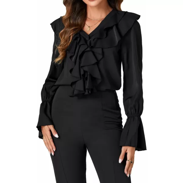 LYANER Women’s V Neck Ruffle Front Button Down Ruffle Long Sleeve Blouse Top Shirt