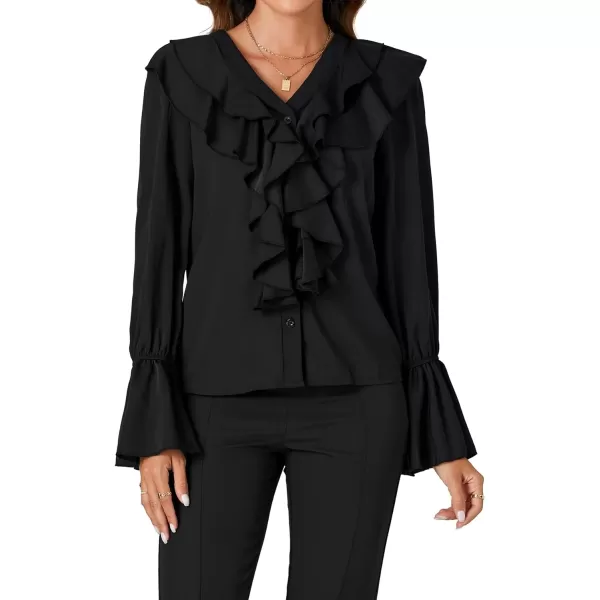 LYANER Women’s V Neck Ruffle Front Button Down Ruffle Long Sleeve Blouse Top Shirt