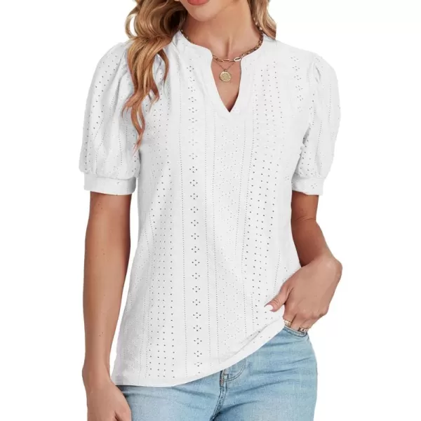 LYANER Women's Casual Eyelet V Neck Puff Short Sleeve Shirt Blouse Tunic Top