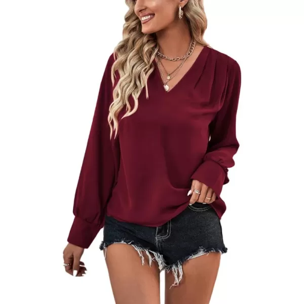 LYANER Women's Casual Plain V Neck Puff Long Sleeve Work Blouse Shirt Pullover Top