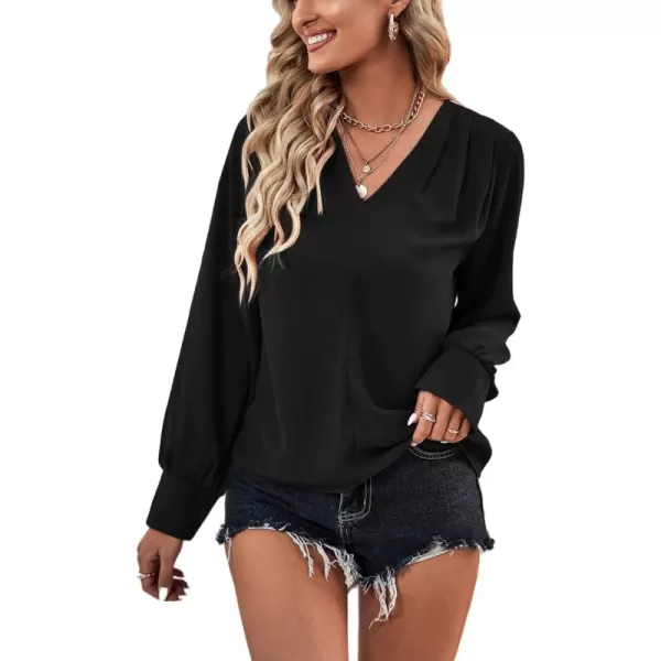LYANER Women's Casual Plain V Neck Puff Long Sleeve Work Blouse Shirt Pullover Top