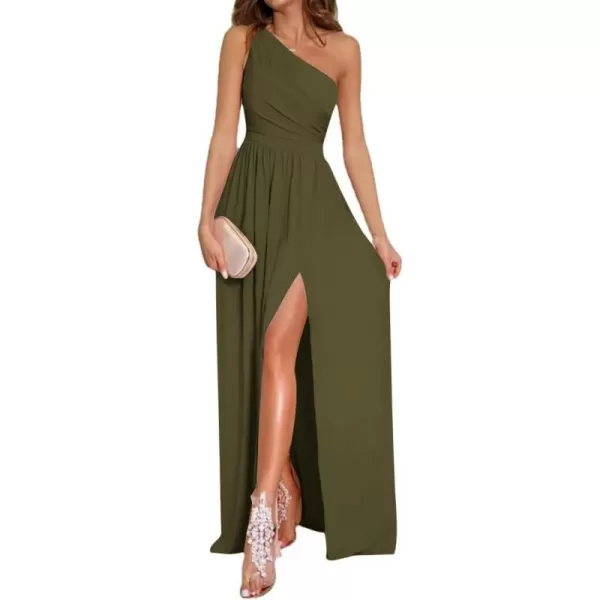 LYANER Women's One Shoulder High Split Sleeveless Ruched Sexy Cocktail Maxi Long Dress