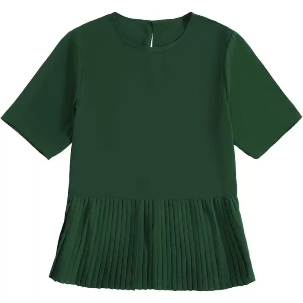 LYANER Women's Round Neck Ruffle Hem Short Sleeve Pleated Shirt Blouse Peplum Top