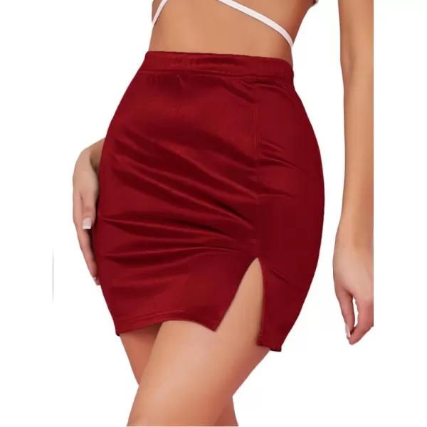 LYANER Women's Satin Silky Elastic Wasit Split Slit Hem Bodycon Short Skirt
