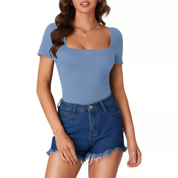 LYANER Women's Short Sleeve Square Neck Slim Fit Classic T Shirt Blouse Top Tee