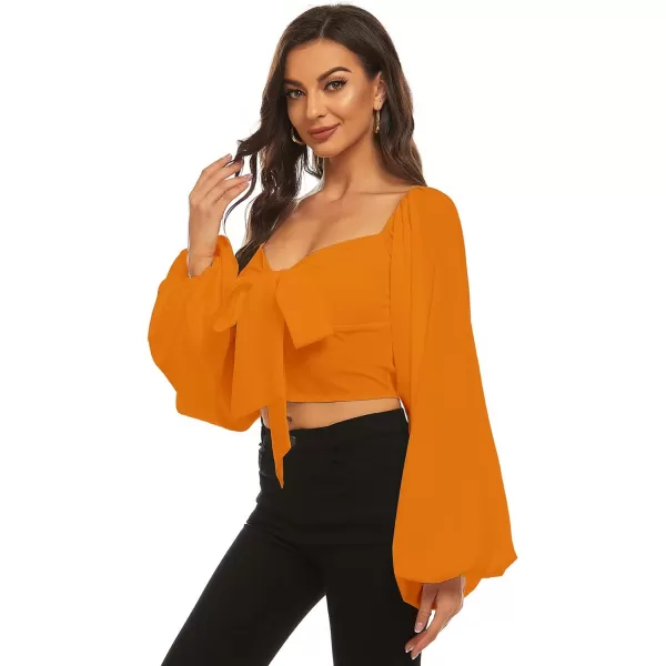 LYANER Women's Tie Knot Front Shirred Back Lantern Long Sleeve Crop Blouse Tee Top