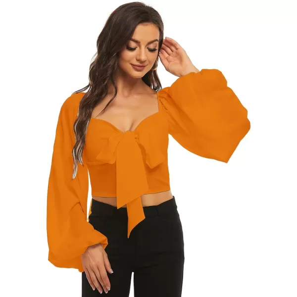 LYANER Women's Tie Knot Front Shirred Back Lantern Long Sleeve Crop Blouse Tee Top