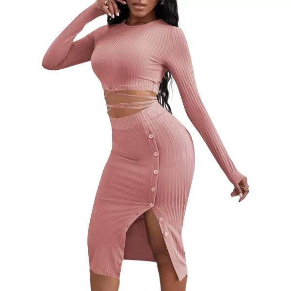 LYANER Women's 2 Piece Matching Dress Set Criss Cross Crop Top Ribbed Button Split Slit Midi Skirt Set
