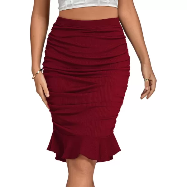 LYANER Women's Rib Knit Ruched Elastic Waist Ruffle Hem Mermaid Fishtail Bodycon Midi Skirt