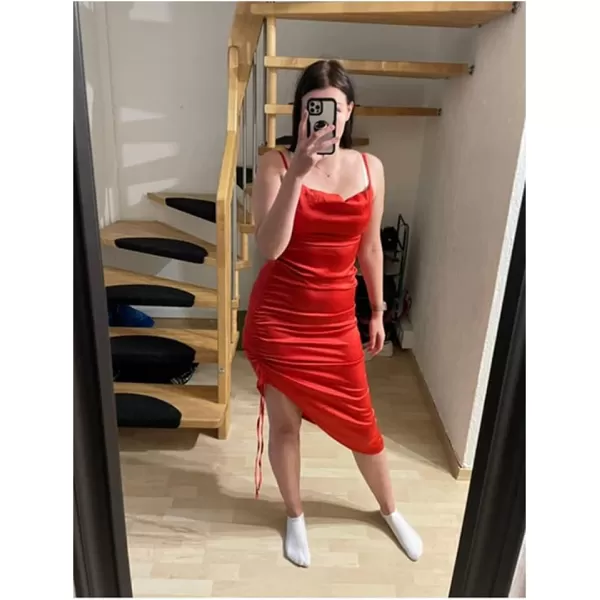 LYANER Women's Satin Spaghetti Straps Cowl Neck Sexy Ruch Cocktail Midi Dresses