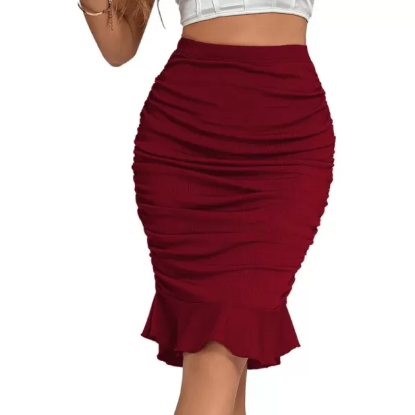 LYANER Women's Rib Knit Ruched Elastic Waist Ruffle Hem Mermaid Fishtail Bodycon Midi Skirt