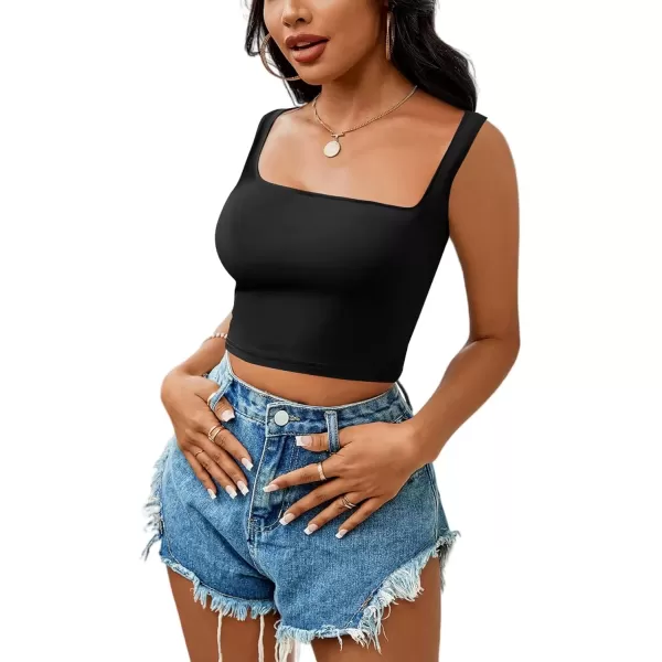imageLYANER Womens Cute Crop Tank Tops Square Neck Sleeveless Workout Shirt Going Out Sexy Top Basic Slim Fit TankBlack