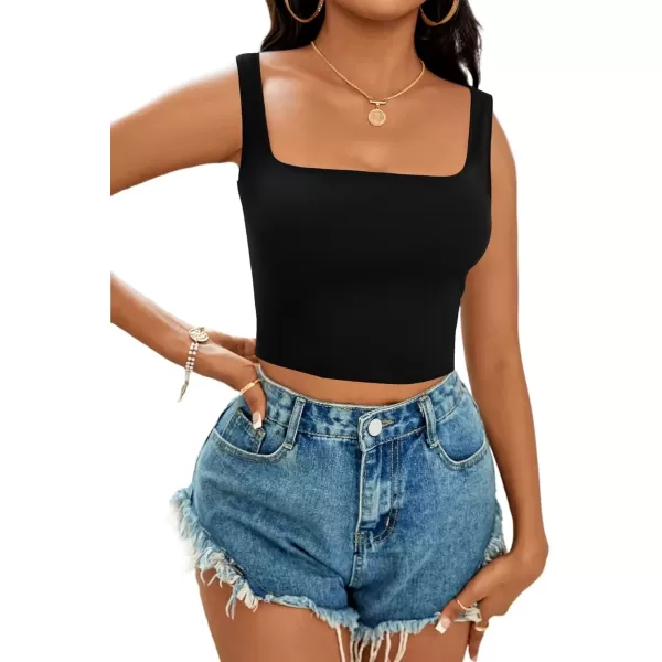 imageLYANER Womens Cute Crop Tank Tops Square Neck Sleeveless Workout Shirt Going Out Sexy Top Basic Slim Fit TankBlack