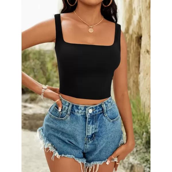 imageLYANER Womens Cute Crop Tank Tops Square Neck Sleeveless Workout Shirt Going Out Sexy Top Basic Slim Fit TankBlack