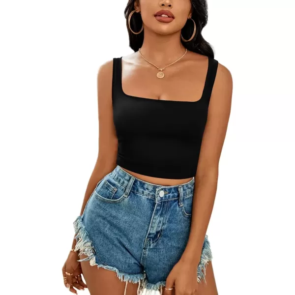 imageLYANER Womens Cute Crop Tank Tops Square Neck Sleeveless Workout Shirt Going Out Sexy Top Basic Slim Fit TankBlack
