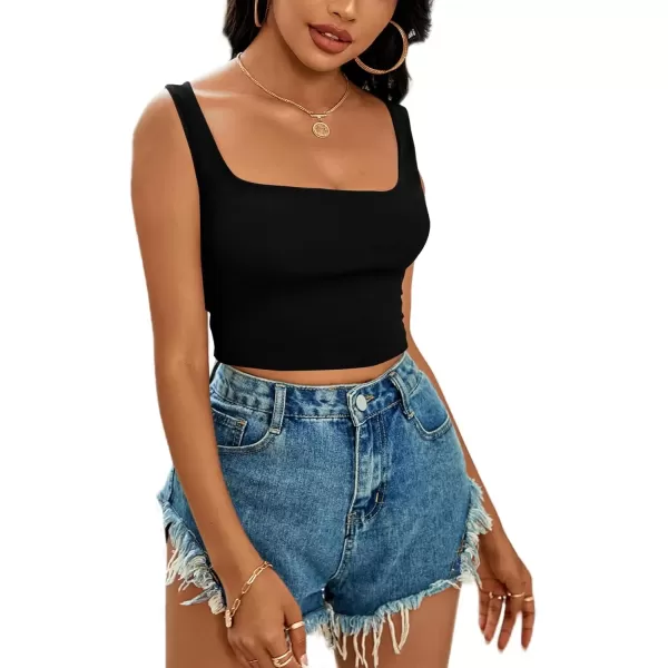 imageLYANER Womens Cute Crop Tank Tops Square Neck Sleeveless Workout Shirt Going Out Sexy Top Basic Slim Fit TankBlack