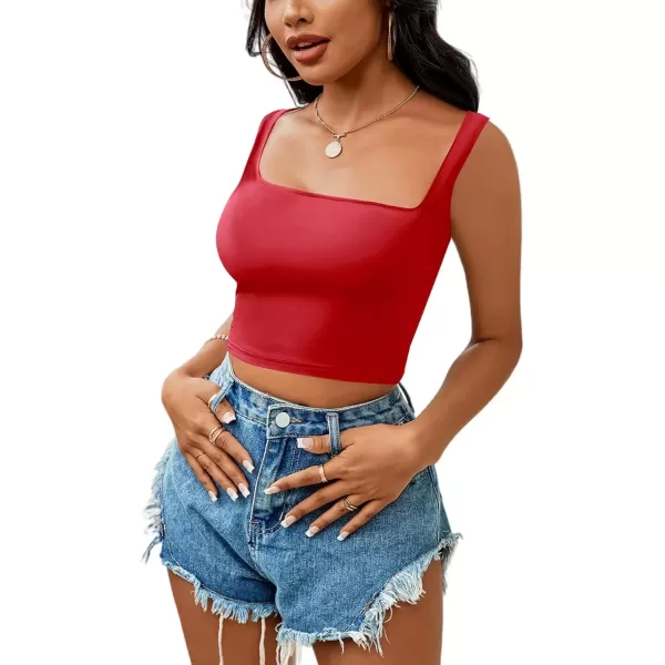 imageLYANER Womens Cute Crop Tank Tops Square Neck Sleeveless Workout Shirt Going Out Sexy Top Basic Slim Fit TankRed