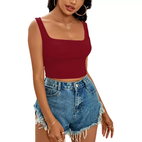 imageLYANER Womens Cute Crop Tank Tops Square Neck Sleeveless Workout Shirt Going Out Sexy Top Basic Slim Fit TankWine Red