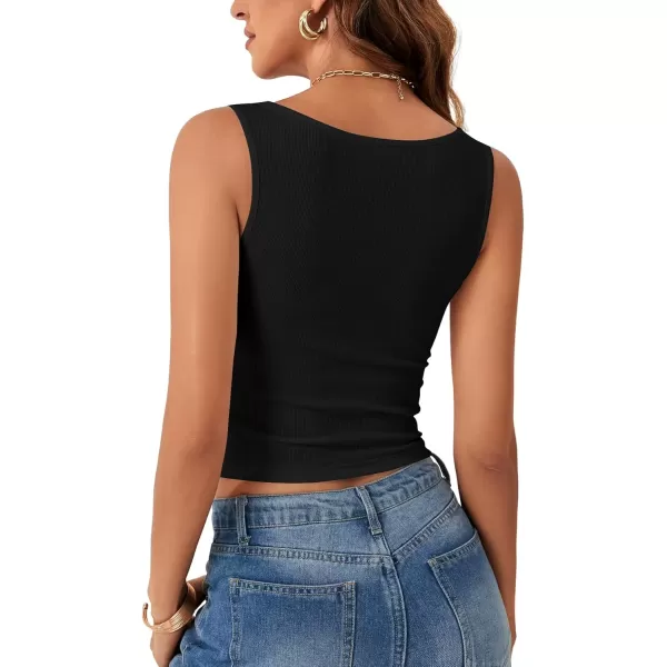 imageLYANER Womens Rib Knit Lace Trim V Neck Sleeveless Trendy Cropped Cami Tank TopBlack