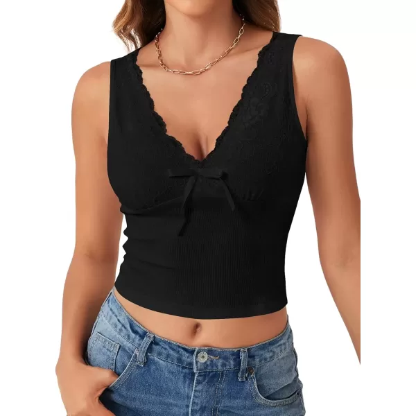 imageLYANER Womens Rib Knit Lace Trim V Neck Sleeveless Trendy Cropped Cami Tank TopBlack