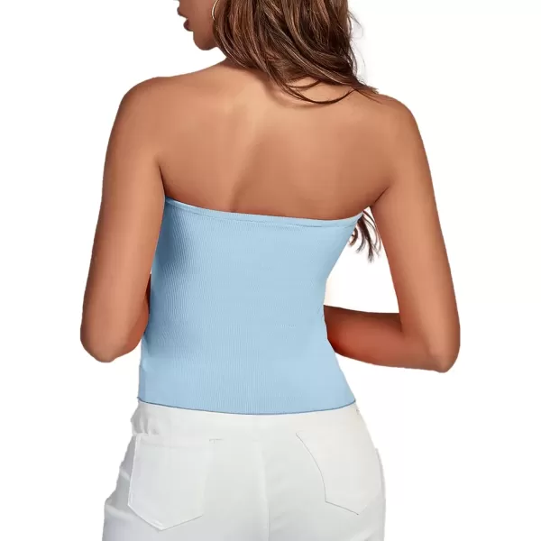 imageLYANER Womens Ribbed Knit Side Drawstring Off Shoulder Bandeau Strapless Tube TopAzure