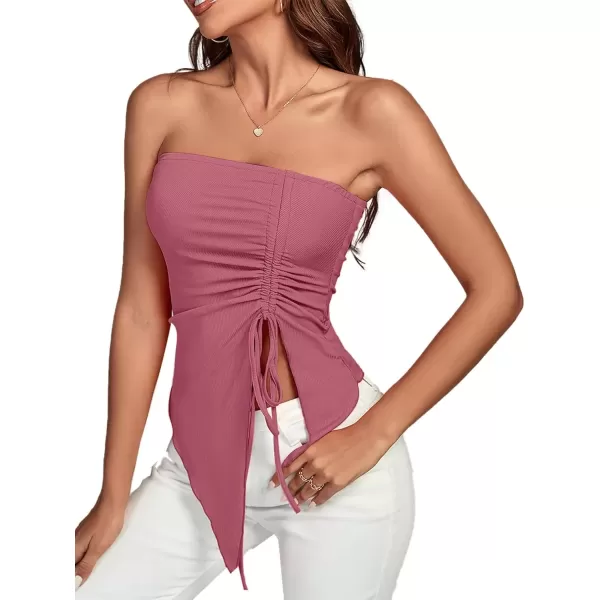imageLYANER Womens Ribbed Knit Side Drawstring Off Shoulder Bandeau Strapless Tube TopCoral Red