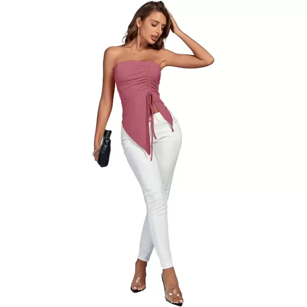 imageLYANER Womens Ribbed Knit Side Drawstring Off Shoulder Bandeau Strapless Tube TopCoral Red