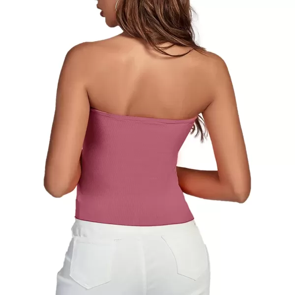imageLYANER Womens Ribbed Knit Side Drawstring Off Shoulder Bandeau Strapless Tube TopCoral Red