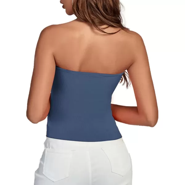 imageLYANER Womens Ribbed Knit Side Drawstring Off Shoulder Bandeau Strapless Tube TopDusty Blue