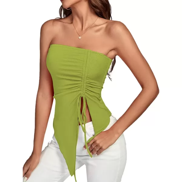 imageLYANER Womens Ribbed Knit Side Drawstring Off Shoulder Bandeau Strapless Tube TopGrass Green