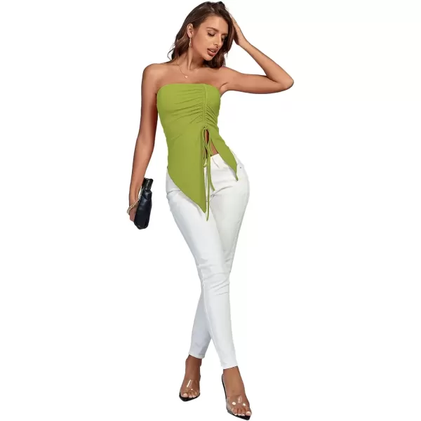 imageLYANER Womens Ribbed Knit Side Drawstring Off Shoulder Bandeau Strapless Tube TopGrass Green