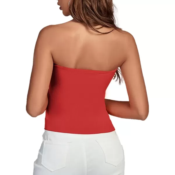 imageLYANER Womens Ribbed Knit Side Drawstring Off Shoulder Bandeau Strapless Tube TopRed