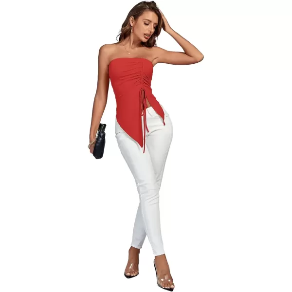 imageLYANER Womens Ribbed Knit Side Drawstring Off Shoulder Bandeau Strapless Tube TopRed