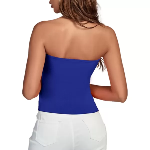 imageLYANER Womens Ribbed Knit Side Drawstring Off Shoulder Bandeau Strapless Tube TopRoyal Blue