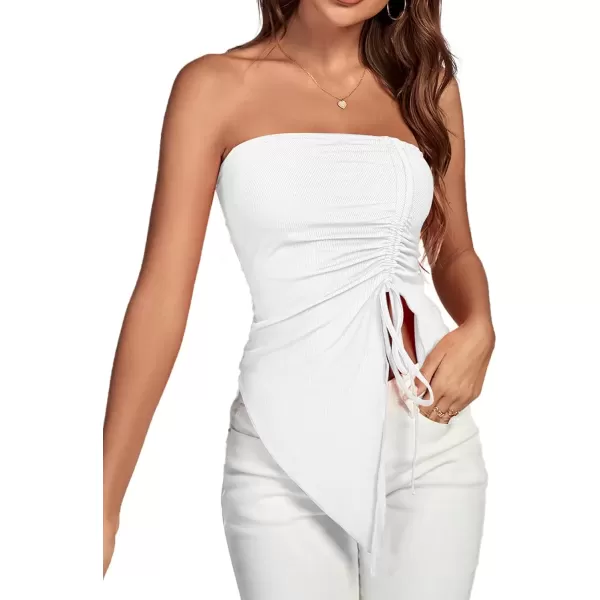 imageLYANER Womens Ribbed Knit Side Drawstring Off Shoulder Bandeau Strapless Tube TopWhite