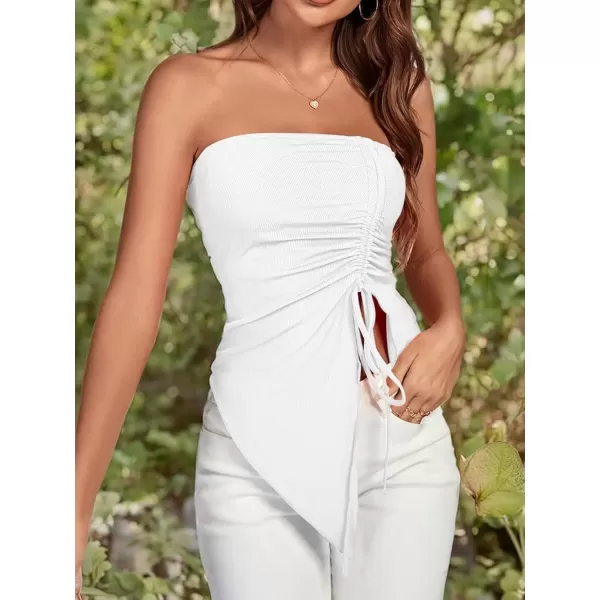imageLYANER Womens Ribbed Knit Side Drawstring Off Shoulder Bandeau Strapless Tube TopWhite