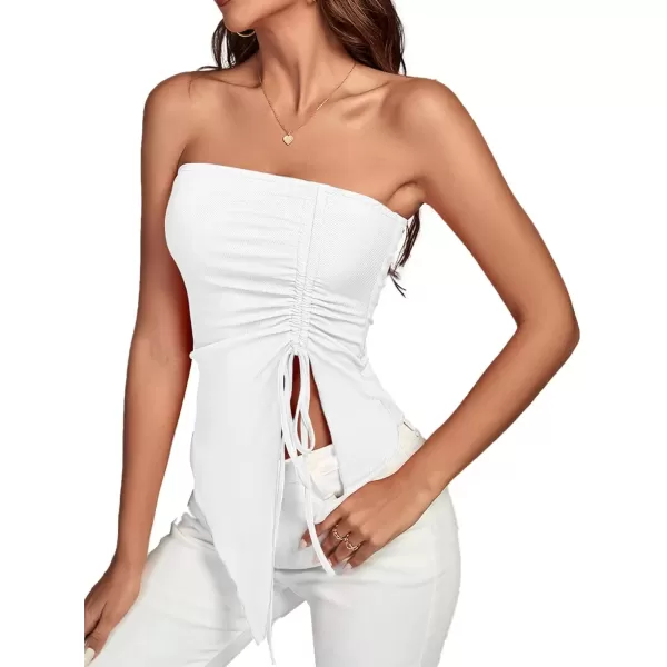 imageLYANER Womens Ribbed Knit Side Drawstring Off Shoulder Bandeau Strapless Tube TopWhite