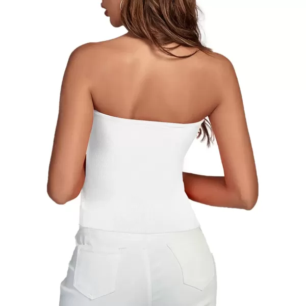 imageLYANER Womens Ribbed Knit Side Drawstring Off Shoulder Bandeau Strapless Tube TopWhite