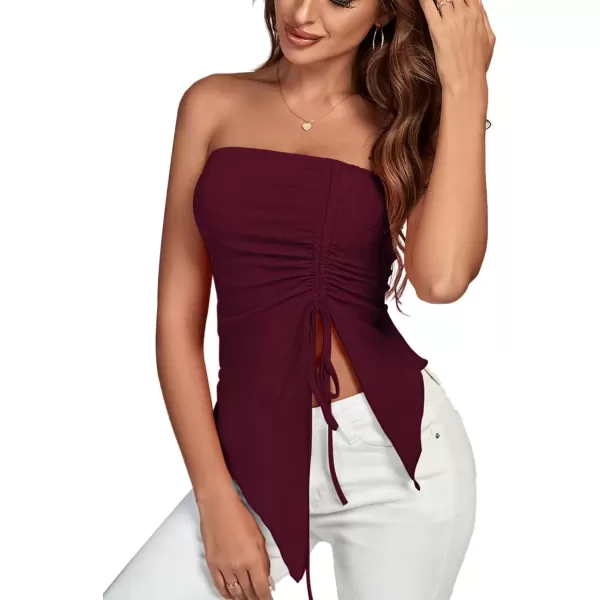 imageLYANER Womens Ribbed Knit Side Drawstring Off Shoulder Bandeau Strapless Tube TopWine Red