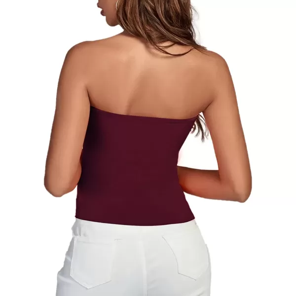 imageLYANER Womens Ribbed Knit Side Drawstring Off Shoulder Bandeau Strapless Tube TopWine Red