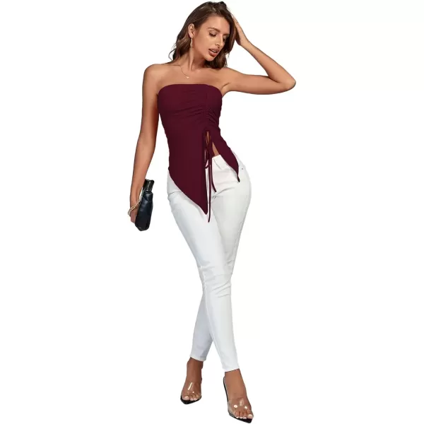 imageLYANER Womens Ribbed Knit Side Drawstring Off Shoulder Bandeau Strapless Tube TopWine Red